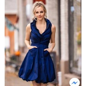 Samuel Dong Midnight Blue Classic Bubble Dress with triple wired collar.